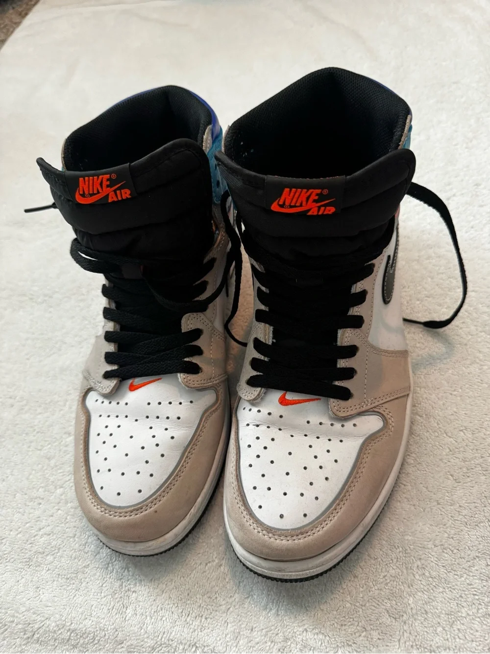 Jordan High-Top Sneakers in White, Gray, Black with Orange Accent